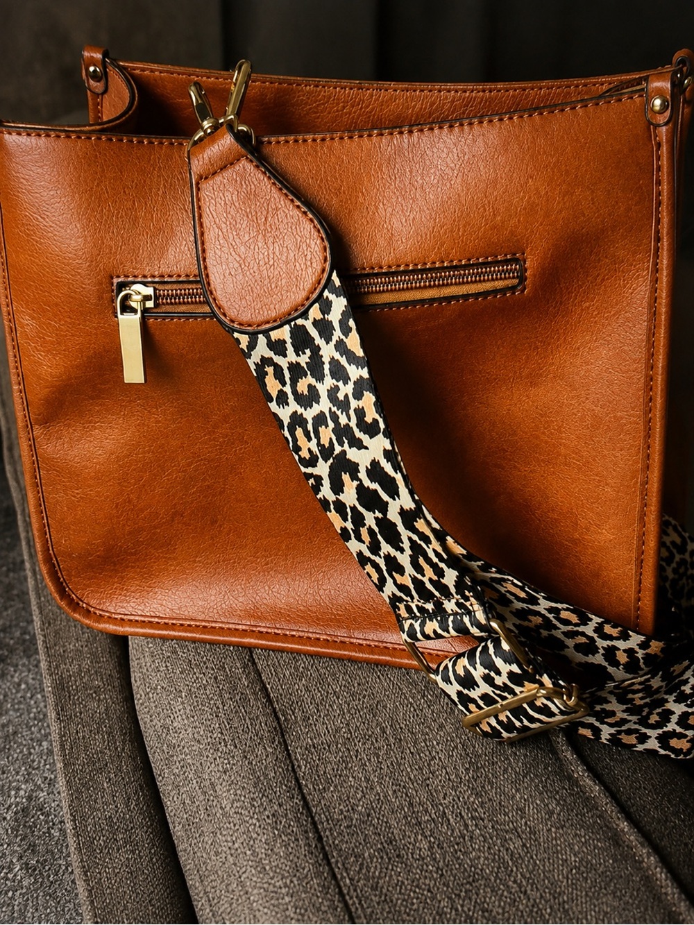 Brown Vegan Leather Bag with Leopard Print Strap